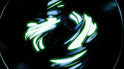 Aufkleber - Moving abstract ball with glowing lines and metallic texture. Design. Futuristic ball rotates with metal curves and neon line. Abstract 3d ball rotating with neon light