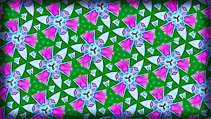 Poster - Bright kaleidoscopic pattern with geometric shapes. Motion. Lots of figures flashing in bright kaleidoscopic pattern. Flashing pattern with psychedelic colors and lots of pattern details