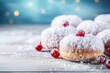 Hanukkah sweet food doughnuts sufganiyot with powdered sugar and fruit jam on light blue background. Shallow DOF. Jewish holiday Hanukkah concept. Top view with copy space