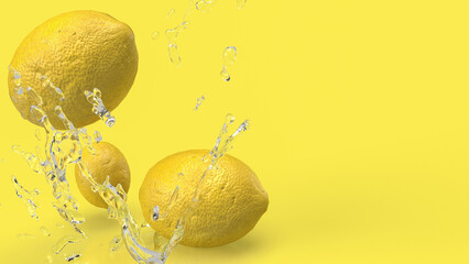 Wall Mural - The lemon and water splash on yellow  background for food or drink concept 3d rendering