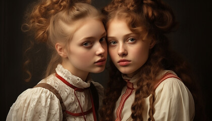 Canvas Print - Two cute Caucasian girls in traditional clothing looking at camera generated by AI