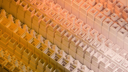 Poster - Square 3d columns move in mechanical waves. Design. Columns move in 3d waves up and down with effect of machine. Mechanical structure of moving abstract columns