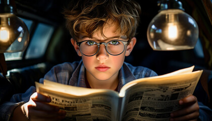 Wall Mural - A cute boy reading a book, studying with concentration generated by AI