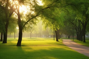 Wall Mural - Beautiful public park with green grass field on morning light Created with Generative AI technology.