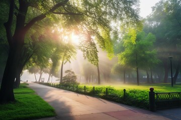 Wall Mural - Beautiful public park with green grass field on morning light Created with Generative AI technology.