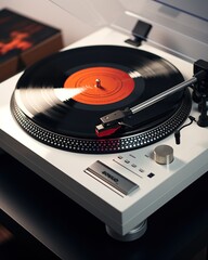 Stylish modern turntable with vinyl discs on table in modern minimalist room design