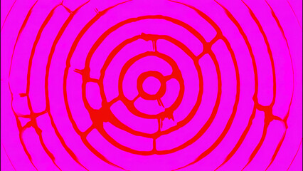 Poster - Pink background with red circled circles. Design. Small circles of different frames of a bright shade hypnotize in 3d format.