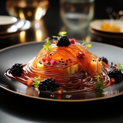 dishes made from colored funchose decorated with black caviar in the shape of a blackberry and decor