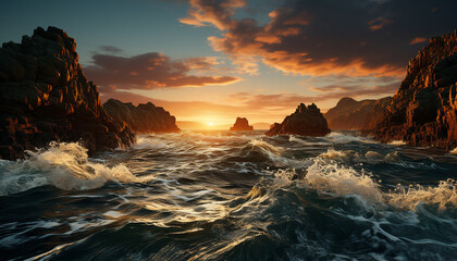 Canvas Print - Majestic sunset over tranquil waters, rocky coastline reflects natural beauty generated by AI