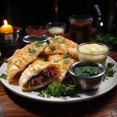 fried puff pastry pies with meat filling on a wooden table. served with sauces and herbs. for a reci