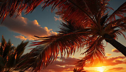 Canvas Print - Tropical sunset, palm tree silhouette, tranquil beach, turquoise water generated by AI