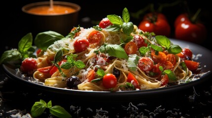 large plate of pasta with cheese, tomatoes and herbs. family lunch