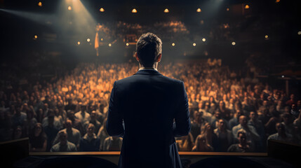 Back view of motivational speaker standing on stage in front of audience speaking to crowd for motivation speech on conference or business event