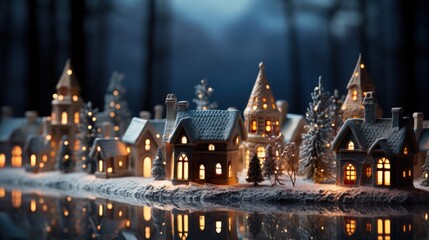 christmas ceramic village with illuminated windows and snow on the background of illuminations and a