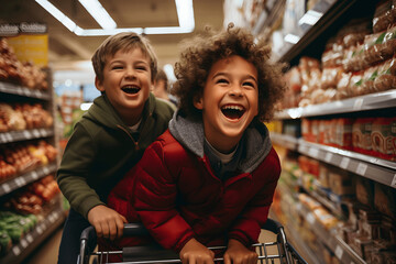 Happy young boy having fun pushing shopping cart in grocery store