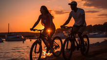 Happy Couple Having Fun Riding Bikes Together On The Beach At Sunset, Cheerful Young Couple In Love Enjoy Cycling Along The Beach At Sunset