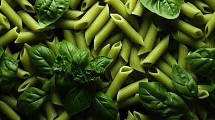 colors raw spinach rigatoni pasta , macro. food background
