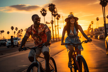 Happy couple having fun riding bikes together on the beach at sunset, cheerful young couple in love enjoy cycling along the beach at sunset