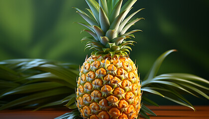  Fresh pineapple, a tropical fruit, ripe and juicy, on a green leaf generated by AI