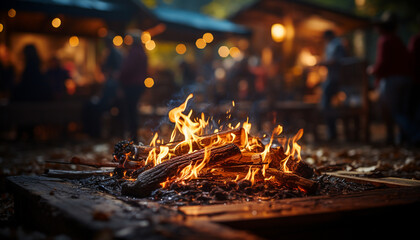 Glowing ember warms the night, wood crackles in bonfire generated by AI