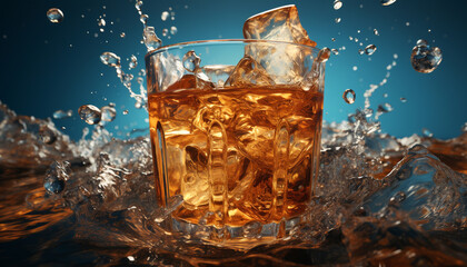 Canvas Print - Whiskey pouring, ice cube splashing, glass reflecting golden celebration generated by AI