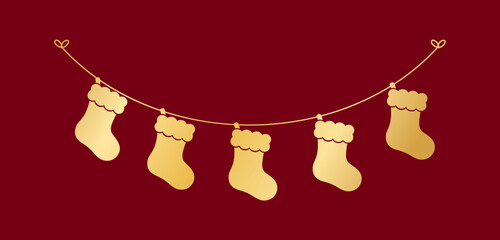 Wall Mural - Gold Christmas Stocking Silhouette Garland Vector Illustration, Christmas Socks Graphics Festive Winter Holiday Season Bunting