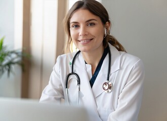 Doctor woman wearing white coat stethoscope on shoulders looking at camera, doctor make video call internet talk with patient provide help online counseling and therapy concept.AI-Generated.