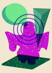 Poster - Risograph Halloween Ghost with Speech Bubble and geometric shapes. Holiday in trendy riso graph design. Spooky paranormal entity with abstract print texture style.