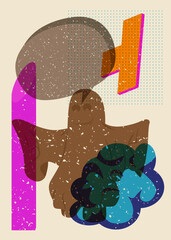 Poster - Risograph Halloween Ghost with Speech Bubble and geometric shapes. Holiday in trendy riso graph design. Spooky paranormal entity with abstract print texture style.