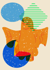 Poster - Risograph Halloween Ghost with Speech Bubble and geometric shapes. Holiday in trendy riso graph design. Spooky paranormal entity with abstract print texture style.