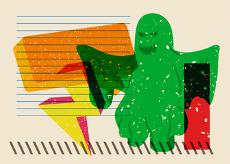 Poster - Risograph Halloween Ghost with Speech Bubble and geometric shapes. Holiday in trendy riso graph design. Spooky paranormal entity with abstract print texture style.
