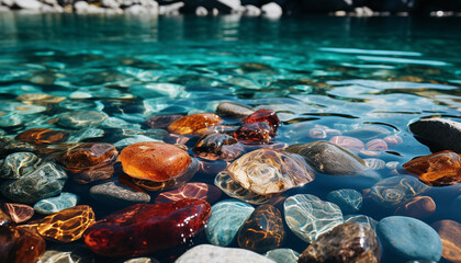 Poster - Smooth pebble reflects blue water, creating tranquil underwater beauty generated by AI