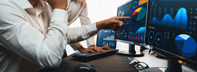 Poster - analyst working on data analysis or bi dashboard on computer monitor. business team analyzing financ
