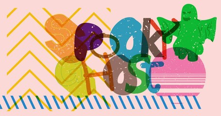 Poster - Risograph texture style Spooky Ghost word and geometric shapes animation. Halloween Holiday in trendy riso graph design video.