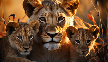 Sticker - Lioness and cub hiding, staring at camera in African wilderness generated by AI