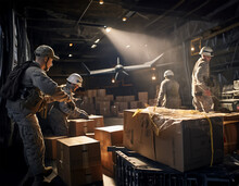 Unloading boxes of ammunition at a military airport
