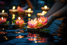 Loy Krathong Festival In Thailand With Crowd People And Canal Or River Background.