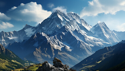 Poster - Majestic mountain peak, snow covered, tranquil meadow, hiking in Dolomites generated by AI