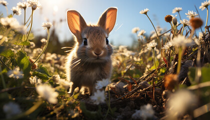 Wall Mural - Cute rabbit sitting in grass, enjoying the beautiful spring meadow generated by AI