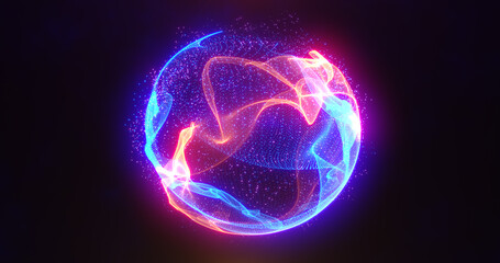 Poster - Abstract energy sphere with glowing bright particles, atom from energy scientific futuristic hi-tech background