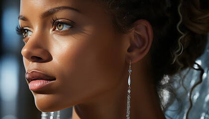 Wall Mural - Young woman with curly brown hair, looking away, exuding confidence generated by AI