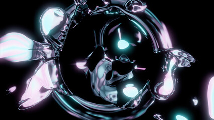 Poster - Black background with cartoon animation. Design. Glowing bright hues of illuminated patterns moving forward at a fast speed.