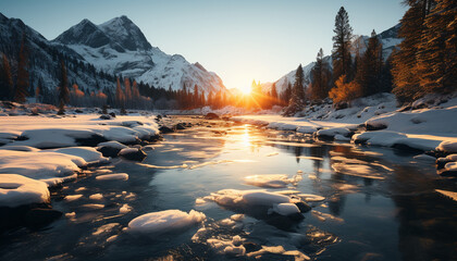 Poster - Majestic mountain range reflects tranquil sunset on frozen water generated by AI