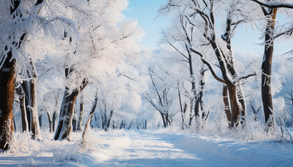 Poster - Winter beauty snow covered forest, tranquil scene, sunlight wrapped in frost generated by AI