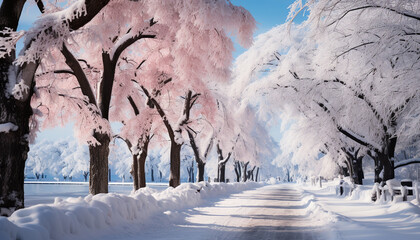 Canvas Print - Winter landscape snow covered tree branches, frost on a tranquil day generated by AI