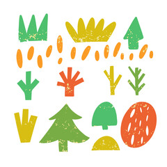 Abstract forest and botanical doodle colorful elements set.
