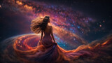 Fototapeta Kosmos - Swirling galaxies, a young woman with flowing hair stands, her long dress merging seamlessly with the galaxy's swirl. Eyes closed, she appears in deep meditation or channeling cosmic energy. 
