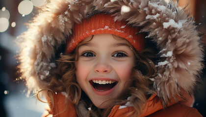 Sticker - Smiling Caucasian girl playing in the snow, enjoying winter outdoors generated by AI