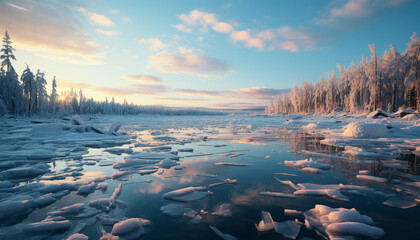 Poster - Winter landscape frozen forest, tranquil scene, majestic mountain reflection generated by AI