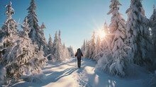 Hikers Walk Through The Forest In Winter